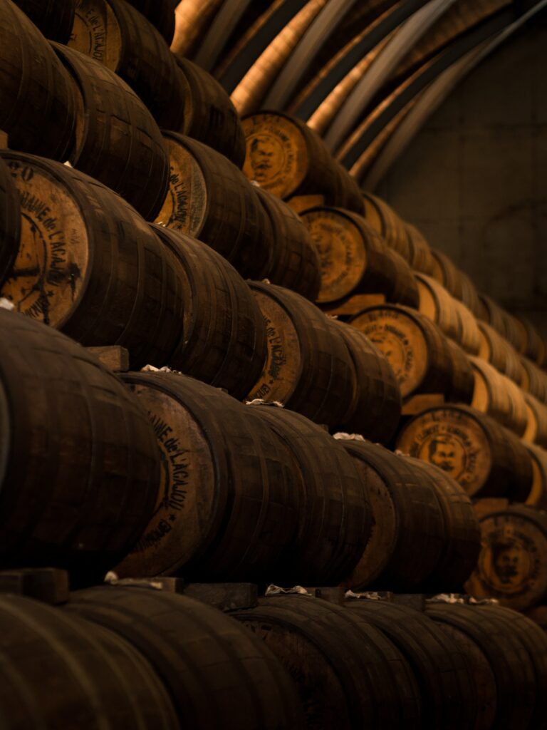 stacked rum barrels