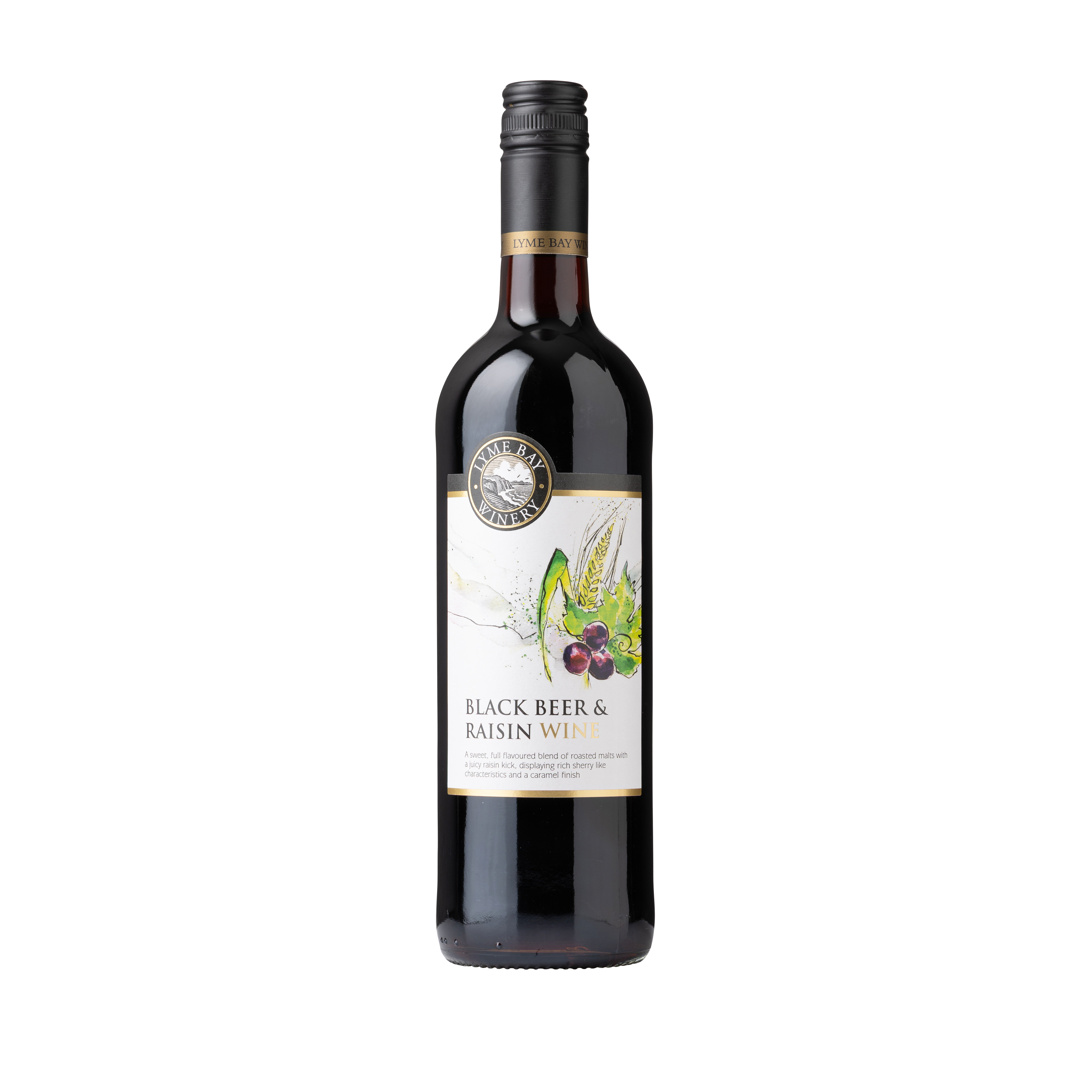 Front of a bottle of Blackbeer & raisin wine