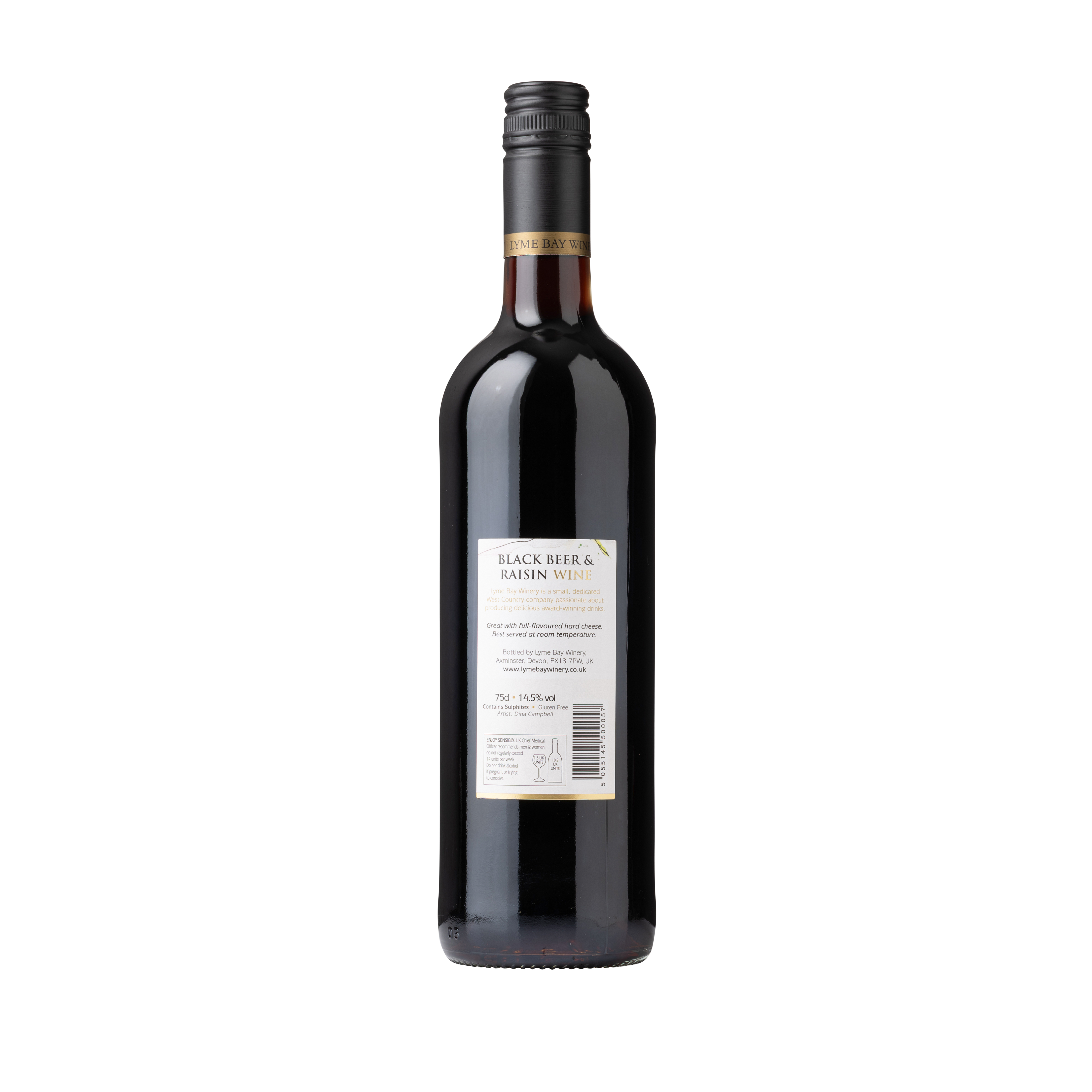 Back of a bottle of Blackbeer & raisin wine