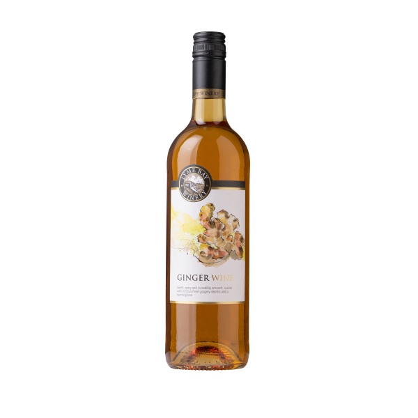Front of a bottle of Ginger wine
