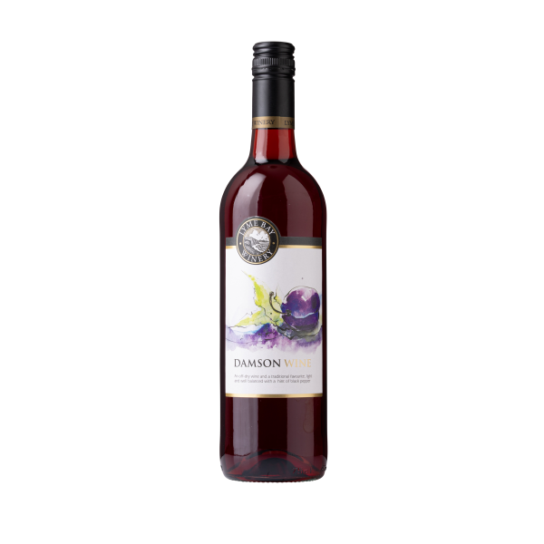 Front of a bottle of damson wine