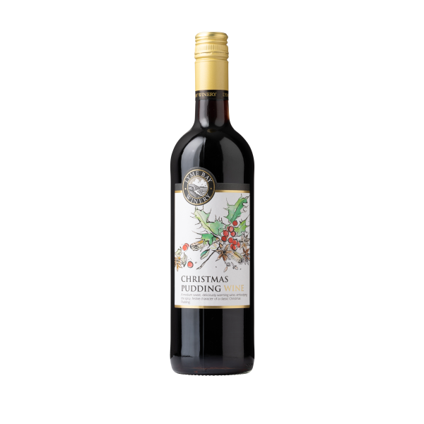 Front of a bottle of Christmas pudding wine