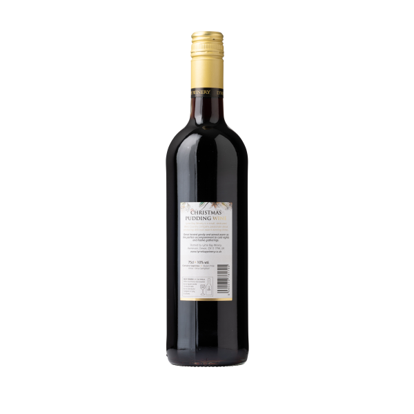 Back of a bottle of Christmas pudding wine