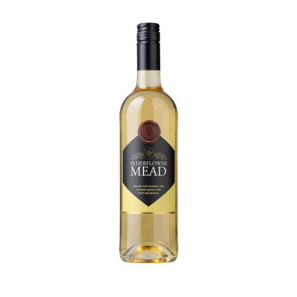 Front of a bottle of elderflower mead