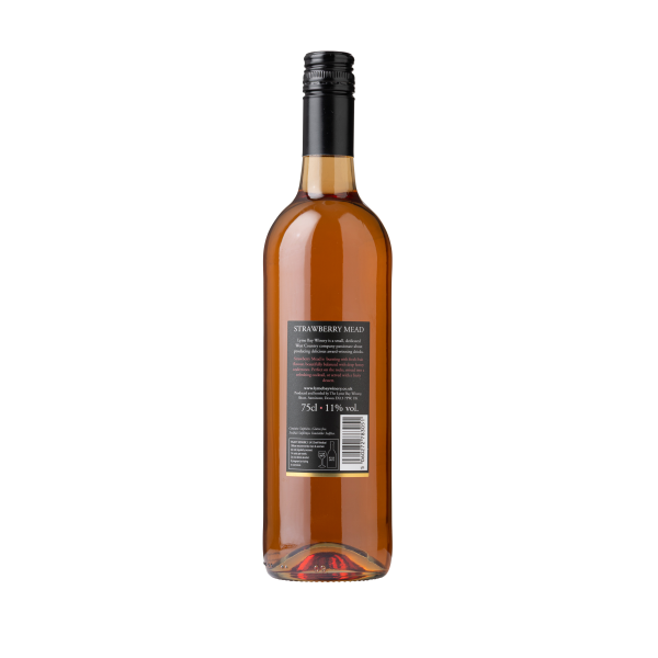 Backside of a bottle of strawberry mead